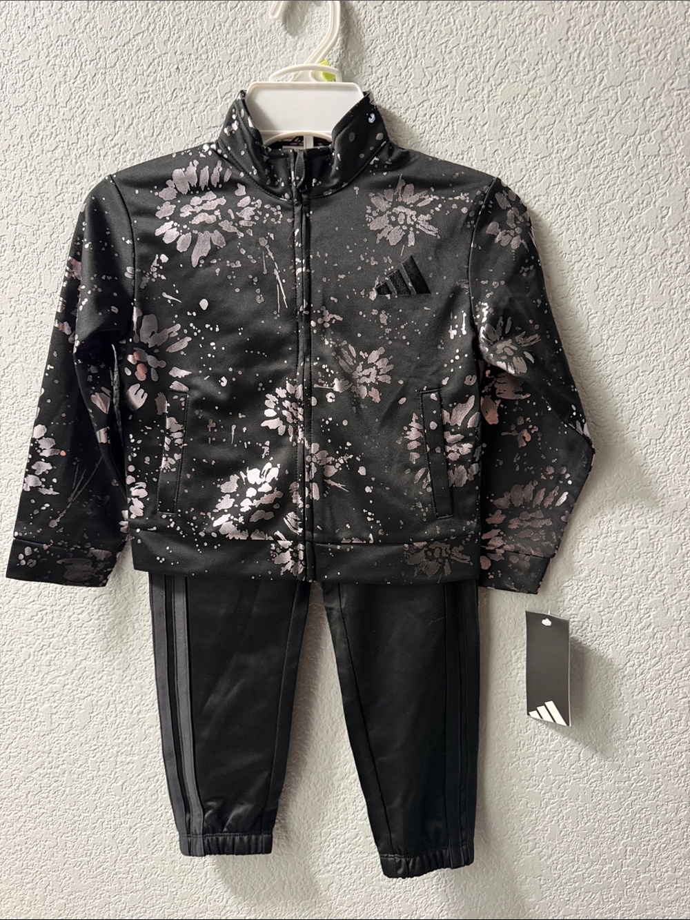 adidas Black Jacket & Pants Set with Light Pink Floral Print